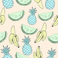 Abstract blue pineapple, green watermelon and banana, fruit in unusual creative colors, vintage seamless pattern, cartoon backgro