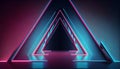 d render, abstract blue pink background with glowing neon triangle frame. Laser geometric linear shape inside the dark tunnel