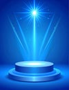 Abstract Blue Podium with Bright Spotlight Glowing Star in the Background Royalty Free Stock Photo
