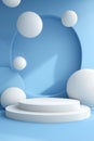 Abstract blue podium with textured white spheres and circular elements Royalty Free Stock Photo