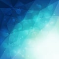 Abstract blue polygonal background with light and bokeh effect.