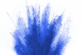 Abstract of blue powder explosion on white background. Blue powder splatted isolate. Colored cloud. Colored dust explode. Paint H