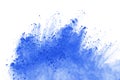 Abstract of blue powder explosion on white background. Blue powder splatted isolate. Colored cloud. Colored dust explode. Paint Ho Royalty Free Stock Photo