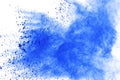 Abstract of blue powder explosion on white background. Blue powder splatted isolate. Colored cloud. Colored dust explode. Paint Ho Royalty Free Stock Photo