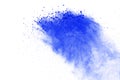 Abstract of blue powder explosion on white background. Blue powder splatted isolate. Colored cloud. Colored dust explode. Paint Ho Royalty Free Stock Photo