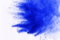 Abstract of blue powder explosion on white background. Blue powder splatted isolate. Colored cloud. Colored dust explode. Paint Ho Royalty Free Stock Photo