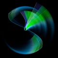 An abstract blue propeller with green stripes is composed of wavy, curved blades rotating against a black background.