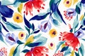 Abstract blue red yellow bloom floral pattern background. Bright painting blossom garden flowers and leaf. Generative AI Royalty Free Stock Photo