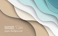 Abstract blue sea and beach summer background with curve paper wave and seacoast for banner, poster or web site design Royalty Free Stock Photo