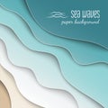 Abstract blue sea and beach summer background with curve paper wave and seacoast, with clipping mask for poster or web site design