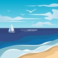 Beautiful beach scene with charming clouds, birds and boats vector illustration Royalty Free Stock Photo