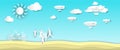 Abstract blue sky and happy family and friends jumping with ballon airship for tourists of paper art style