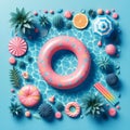 Abstract blue swimming pool water background with pink swimming pool ring float, top view Royalty Free Stock Photo