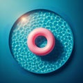 Abstract blue swimming pool water background with pink swimming pool ring float, top view Royalty Free Stock Photo