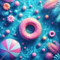 Abstract blue swimming pool water background with pink swimming pool ring float, top view Royalty Free Stock Photo