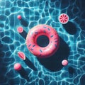 Abstract blue swimming pool water background with pink swimming pool ring float, top view Royalty Free Stock Photo