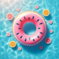 Abstract blue swimming pool water background with pink swimming pool ring float, top view Royalty Free Stock Photo