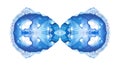 Abstract blue symmetrical watercolor blotch on a white paper. Fine color artistic symmetric background