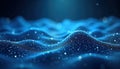 Abstract blue tech background shows dynamic waves, network connections. Flowing lines, particles form futuristic system. Suggests