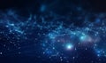 Abstract blue technological backdrop featuring a cyber network grid, interwoven particles, artificial neurons