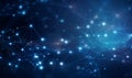 Abstract blue technology background with a cyber network grid and connected particles. Artificial neurons