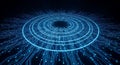 Abstract blue technology background with glowing circuit board pattern and concentric rings Royalty Free Stock Photo