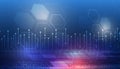 Abstract blue technology background with hexagonal patterns, glowing arrows, and vertical data lines, symbolizing digital growth, Royalty Free Stock Photo