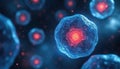 Abstract blue transparent cells with glowing red nuclei float in dark space. Microscopic view shows cellular structures with Royalty Free Stock Photo