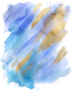 Abstract blue watercolor backround with gold paint strokes Royalty Free Stock Photo