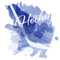 Abstract blue watercolor splashes with ice hockey equipment silhouettes Royalty Free Stock Photo