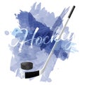 Abstract blue watercolor splashes with ice hockey equipment Royalty Free Stock Photo