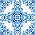 Abstract blue and white hand drawn damask tile seamless ornamental