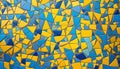 Abstract blue yellow geometric trendy clay broken tiles mosaic seamless background for design.