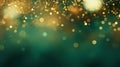 Abstract blur bokeh banner background. Gold bokeh on defocused emerald green background Royalty Free Stock Photo