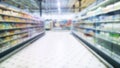 Abstract blur image of supermarket background. Defocused shelves with food. Dairy products. Grocery Store. Retail industry. Rack.