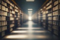 Abstract blur library, Blurred book shelves and hall interior in library generative ai. Generative ai Royalty Free Stock Photo