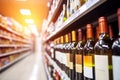 Abstract Blur of Wine Bottles on Liquor Shelves