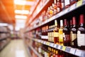 Abstract Blur of Wine Bottles on Liquor Shelves