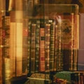 Abstract Blurred background of bookshelf in bookstore with books and reflections in glass. Education, reading