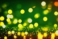 Abstract blurred background, golden blurred bokeh lights on green background. Sparkling, glowing pattern. Holiday wallpaper Royalty Free Stock Photo