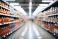 Abstract and blurred background inside a supermarket store aisle interior Royalty Free Stock Photo