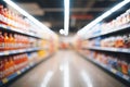 An abstract and blurred background within the interior of a supermarket aisle