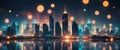 Abstract blurred bokeh lights background of futuristic glowing city skyline with towering skyscrapers reflecting in calm water at Royalty Free Stock Photo