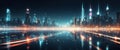 Abstract blurred bokeh lights background of futuristic glowing city skyline with towering skyscrapers reflecting in calm water at Royalty Free Stock Photo