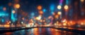 Abstract blurred bokeh lights background of glowing city street reflecting in wet road at night Royalty Free Stock Photo