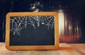 Abstract blurred forest background and empty blackboard