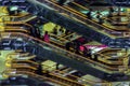 Abstract blurred image of modern shopping mall, unrecognizable silhouettes of people on the escalators, bright vivid Royalty Free Stock Photo