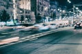 Abstract blurred light trails on motorway highway at dusk, image of urban speed traffic evening. Urban modern toned