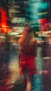 Abstract blurred motion of woman walking in the city at night Royalty Free Stock Photo