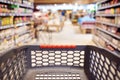 Abstract blurred photo of empty trolley in supermarket bokeh background. Empty shopping cart in supermarket Royalty Free Stock Photo